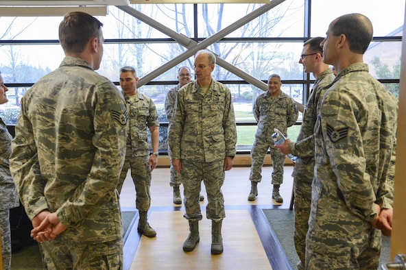 Lt. Gen. Mark Ediger, Air Force surgeon general, speaks with 62nd Medical Squadron Airmen March 7, 2017, at Joint Base Lewis-McChord, Wash. During his visit, Ediger met with 62nd MDS leadership and Airmen to gain a better understanding of the unit’s mission. (U.S. Air Force photo by Master Sgt. Sean Tobin)