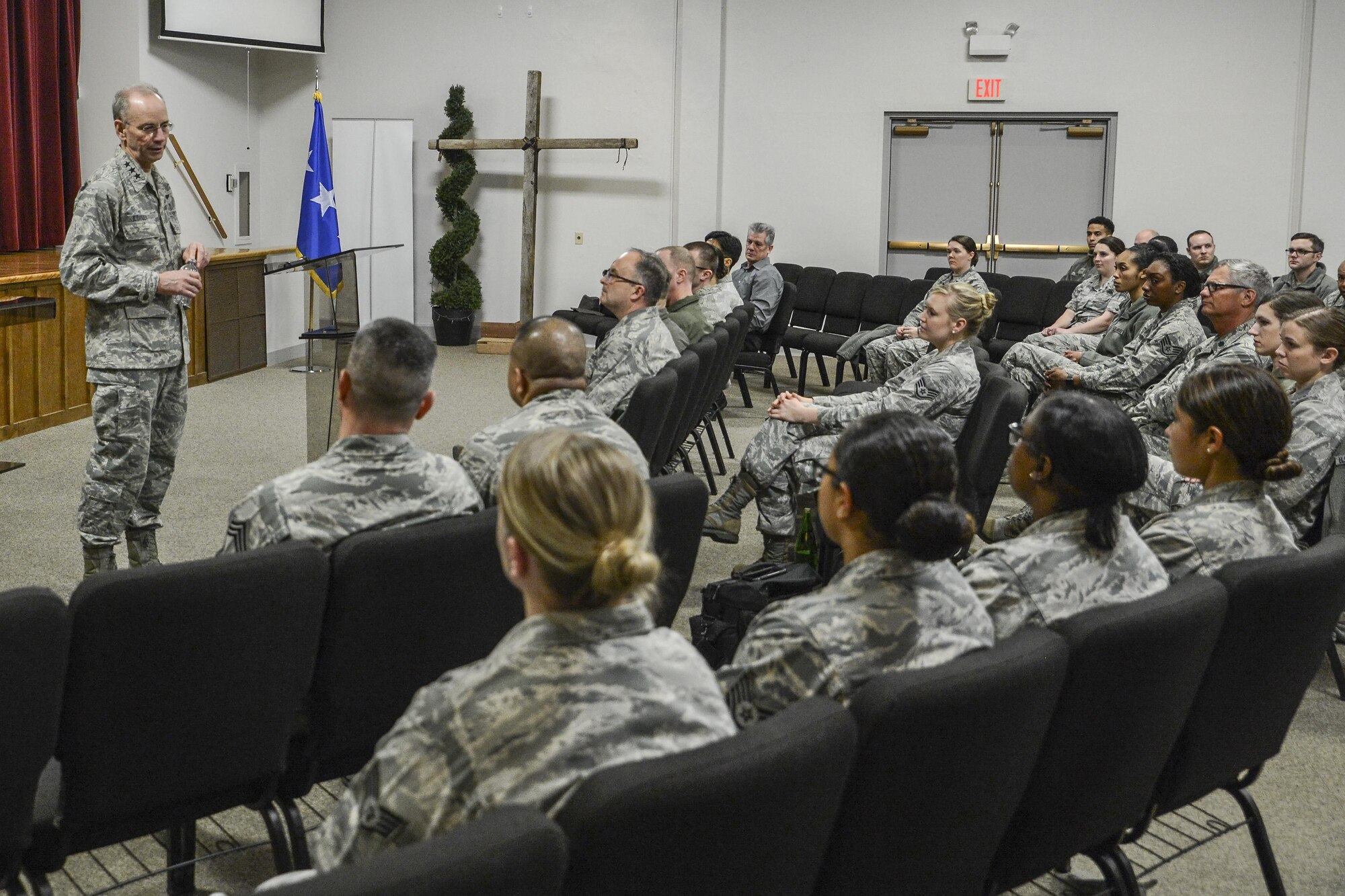 Lt. Gen. Mark Ediger, Air Force surgeon general, holds an all-call with 62nd Medical Squadron Airmen March 7, 2017, at Joint Base Lewis-McChord, Wash. Among other topics, Ediger discussed the changing mission of deployed medical Airmen as members continue to deploy to more remote locations. (U.S. Air Force photo by Master Sgt. Sean Tobin)