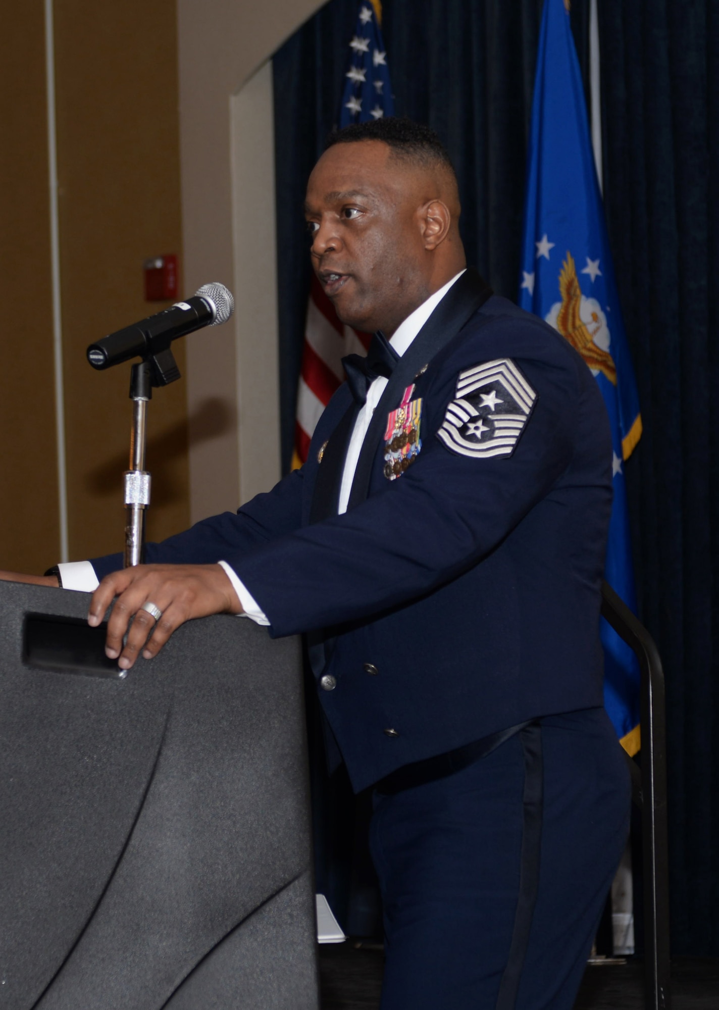 Chief Master Sgt. Calvin Williams, Air Force Global Strike Command command chief, speaks to attendees of Ellsworth’s chief recognition ceremony at the Dakota’s Club during a visit to Ellsworth Air Force Base, S.D., March 2, 2017. The ceremony recognized the base’s four senior noncommissioned officers who were recently promoted to the top 1 percent of the Air Force’s enlisted corps. (U.S. Air Force photo by Airman 1st Class Denise M. Jenson)