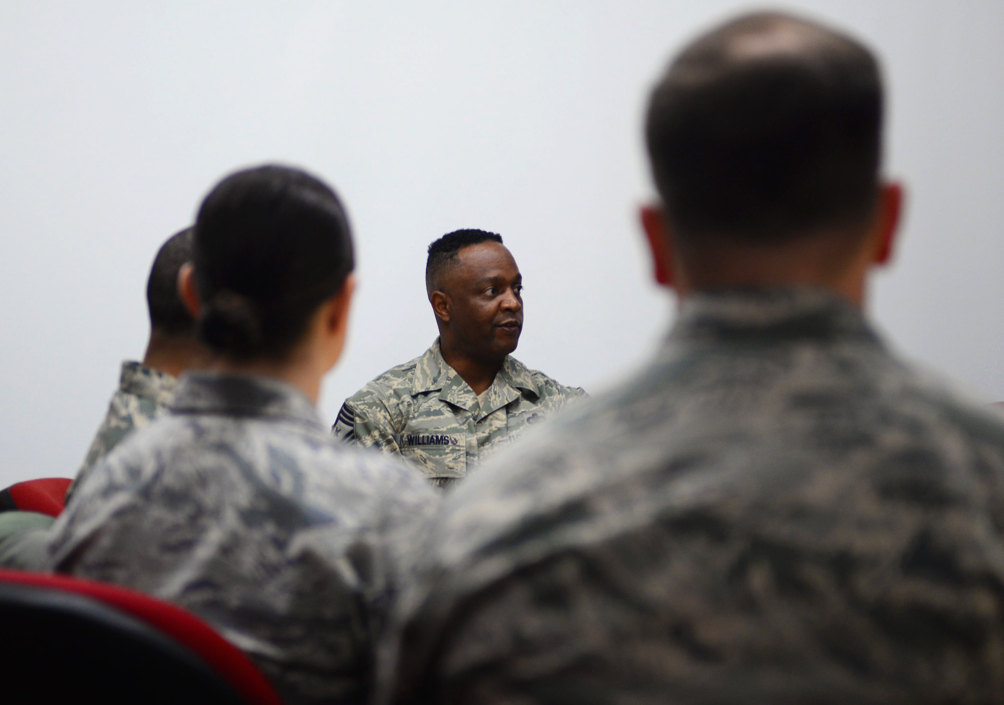 Chief Master Sgt. Calvin Williams, Air Force Global Strike Command command chief, speaks with members of the administrative career fields during a visit to Ellsworth Air Force Base, S.D., March 2, 2017. Williams listened to their concerns and answered questions during the session, providing useful advice on furthering their careers. (U.S. Air Force photo by Airman 1st Class Denise M. Jenson)