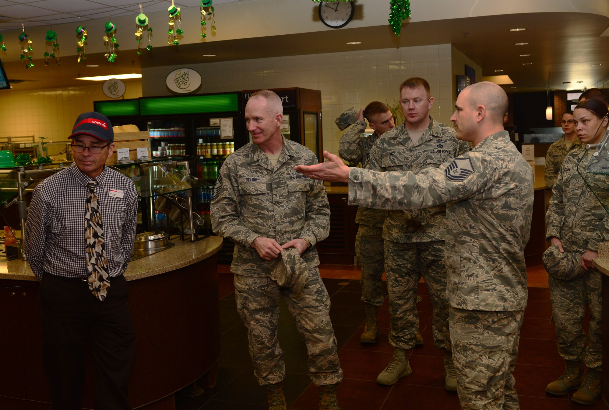 Chief Master Sgt. Alan Boling, command chief for the 8th Air Force, tours the Raider Café during a visit to Ellsworth Air Force Base, S.D., March 8, 2017. The Raider Café was recently named the Air Force Global Strike Command finalist for the John L. Hennessy award, which recognizes the best dining facility in the Air Force. (U.S. Air Force photo by Airman 1st Class Donald C. Knechtel)