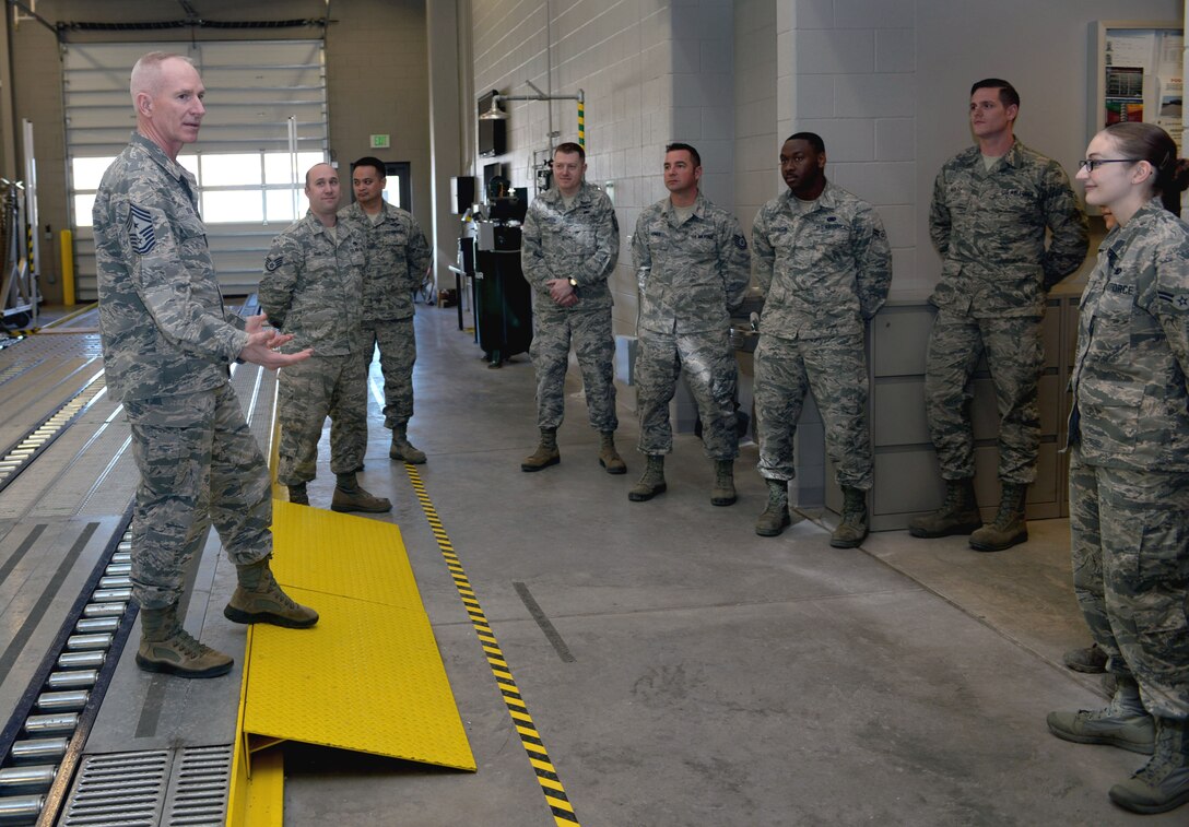 Chief Master Sgt. Alan Boling, command chief for the 8th Air Force, speaks to Airmen of the 28th Logistics Readiness Squadron during a base visit to Ellsworth Air Force Base, S.D., March 8, 2017. His first time visiting the base as the 8th Air Force command chief, Boling came to Ellsworth to see and experience all the base had to offer, and to meet the Airmen that drive the mission. (U.S. Air Force photo by Airman 1st Class Donald C. Knechtel)