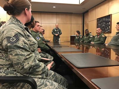 During an Off-Station Trainer visit to the U.S. Air Force Academy on Feb. 10, 2017, Airmen from the 14th Airlift Squadron and 2nd Air Refueling Squadron meet with Brigadier Gen. Stephen Williams, the academy commandant. Williams provided his perspective on current leadership and ways to develop the next generation of Air Force leaders.