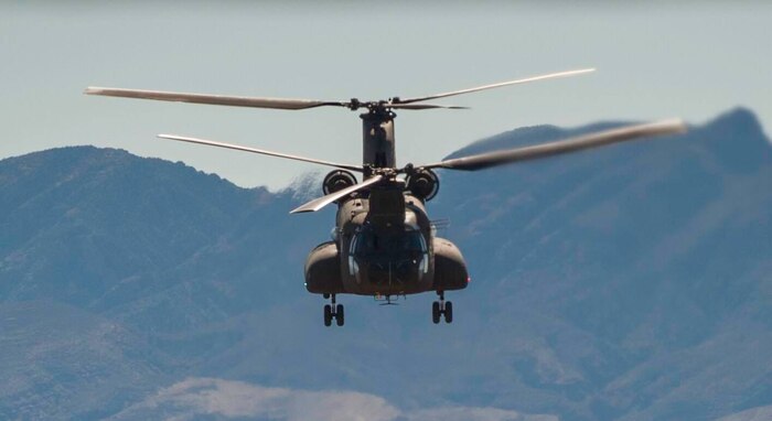 A Singapore air force CH-47 Chinook flies over the Nevada Test and Training Range, during a Red Flag 17-2 combat search and rescue mission, March 6, 2017. In performing these missions and working with coalition partners, Red Flag allows the members of the Singapore air force to extend their skill set. (U.S. Air Force photo by Airman 1st Class Kevin Tanenbaum/Released)