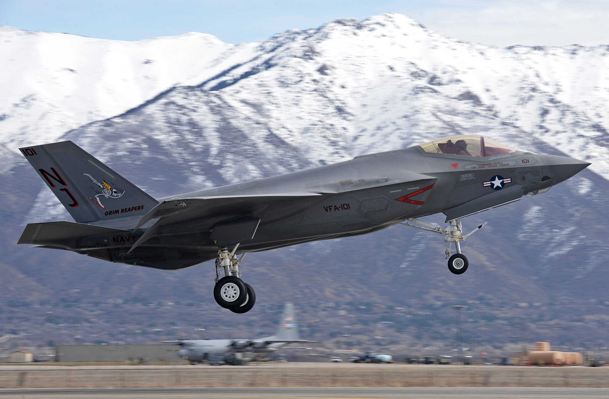 U.S. Air Force F-35 test pilot, Lt. Col. Kevin "Sonar" Hall, flies a low approach March 9 at Hill Air Force Base, Utah, during a functional check flight in a Navy F-35C Lightning II. (U.S. Air Force Photo by Alex R. Lloyd)