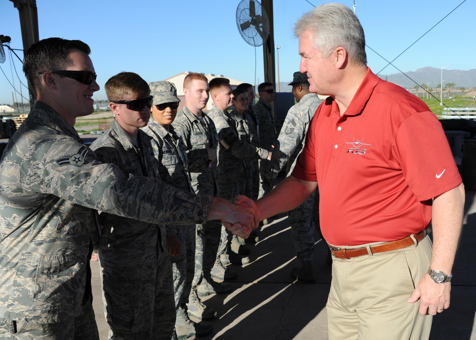 Retired Chief Master Sgt. of the Air Force Gerald Murray greets Airmen upon his arrival to the 56th Equipment Maintenance Squadron March 10, 2017, at Luke Air Force Base, Ariz. Murray visited Luke and interacted with Airmen for the entire day sharing his stories and advice from his 29-year career in the Air Force. (U.S. Air Force photo by Airman 1st Class Caleb Worpel)