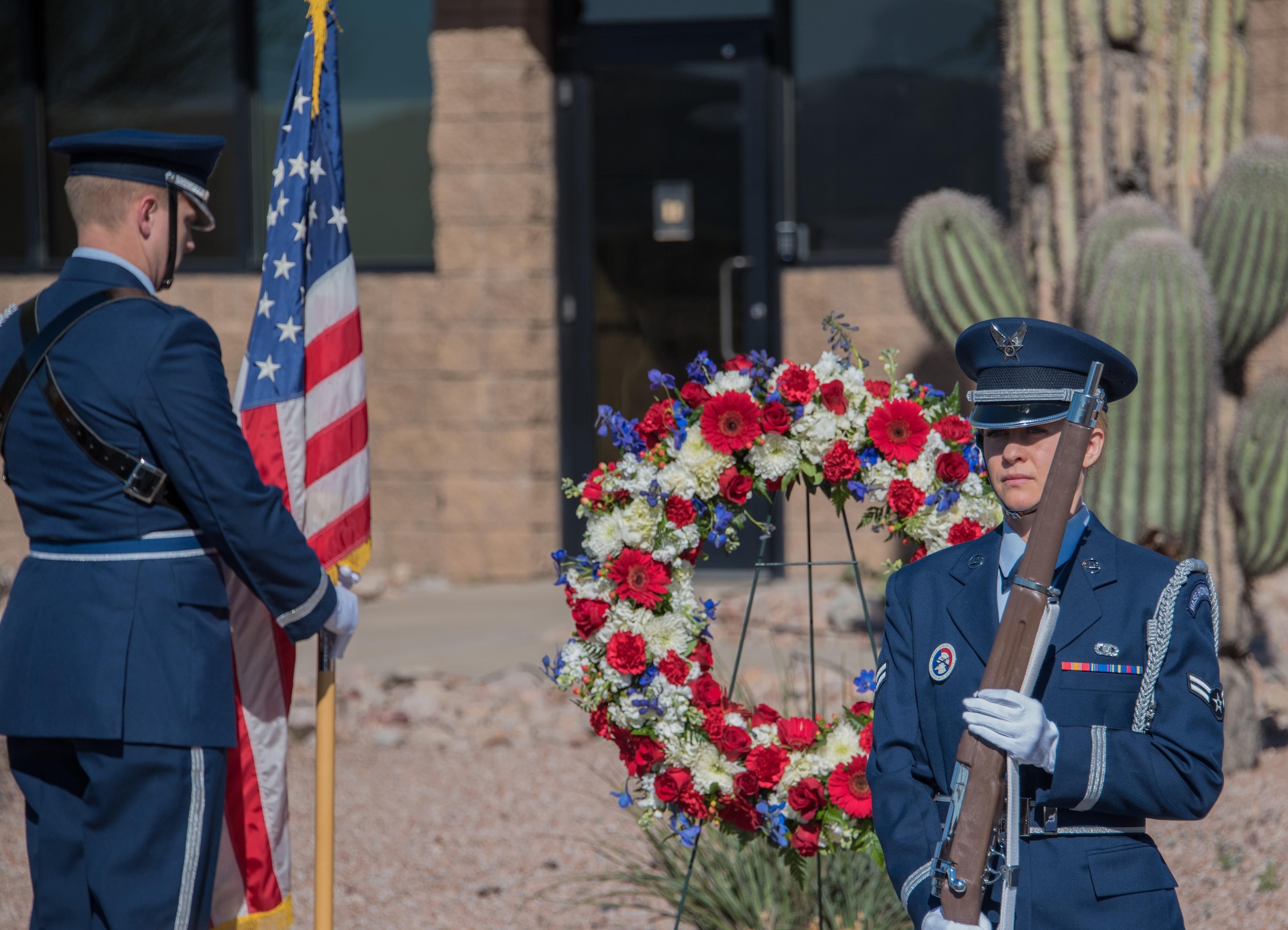 Members of the Arizona National Guard’s 161st Air Refueling Wing Color Guard post the colors during the 35th Annual Copper 5 Memorial at the Goldwater Air National Guard Base, Mar. 13. Copper 5 was the call sign for a Boeing KC-135A Stratotanker aerial refueling jet from the 161st that was involved in a mid-air collision with a civilian plane, killing the four person aircrew on Mar. 13, 1982.