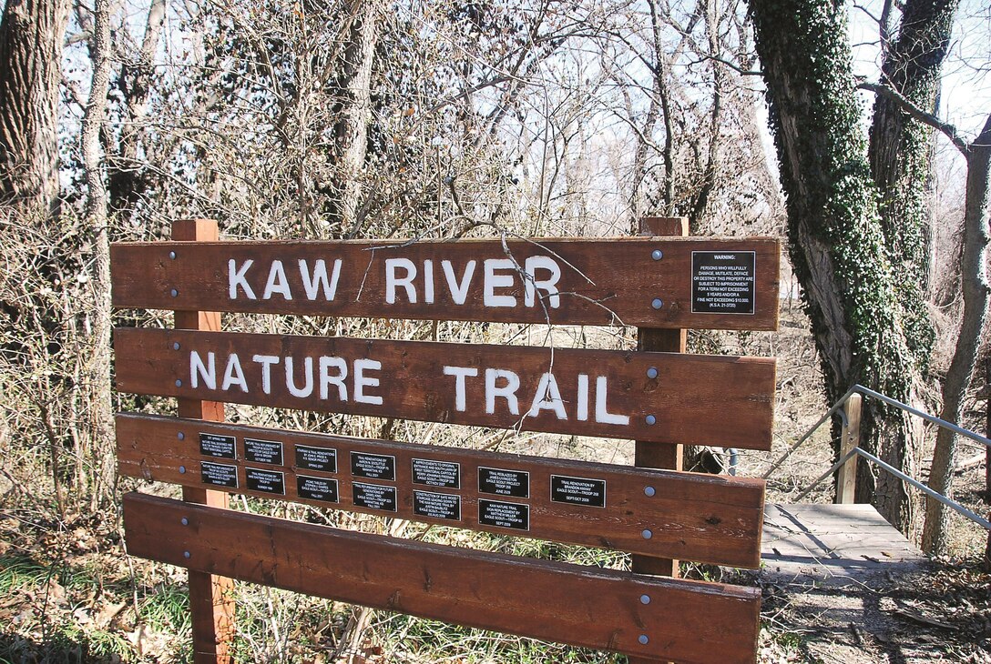 Kaw River Nature Trail is behind the First Territorial Capitol of Kansas, 692 Huebner Road. The self-guided trail is open from dawn to dusk and runs right along the river.
