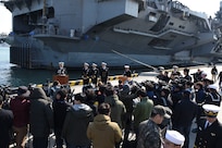 Leadership from Commander Republic of Korea (ROK) Fleet, U.S. Naval Forces Korea and Carrier Strike Group 1 speak to a members of the ROK media following the arrival off USS Carl Vinson (CVN-70) at ROK Fleet headquarters, March 15. The Carl Vinson Carrier Strike Group is on a regularly scheduled Western Pacific deployment as part of the U.S. Pacific Fleet-led initiative to extend the command and control functions of U.S. 3rd Fleet. 