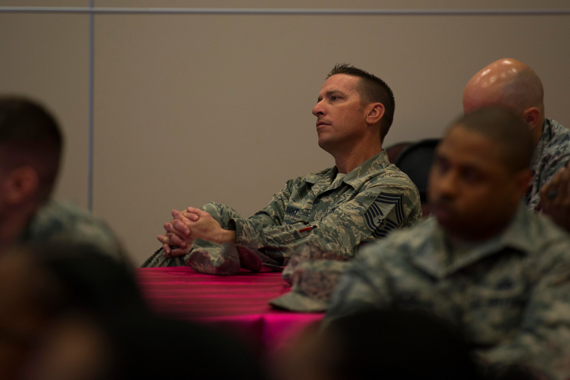 U.S. Air Force Chief Master Sgt. Jerry Wright, 39th Logistics Readiness Squadron superintendent, listens at Incirlik’s International Women’s Day lunch and learn event March 8, 2017, at Incirlik Air Base, Turkey. The event featured four female Air Force commanders who shared their leadership experiences in the Air Force. (U.S. Air Force photo by Airman 1st Class Devin M. Rumbaugh) 