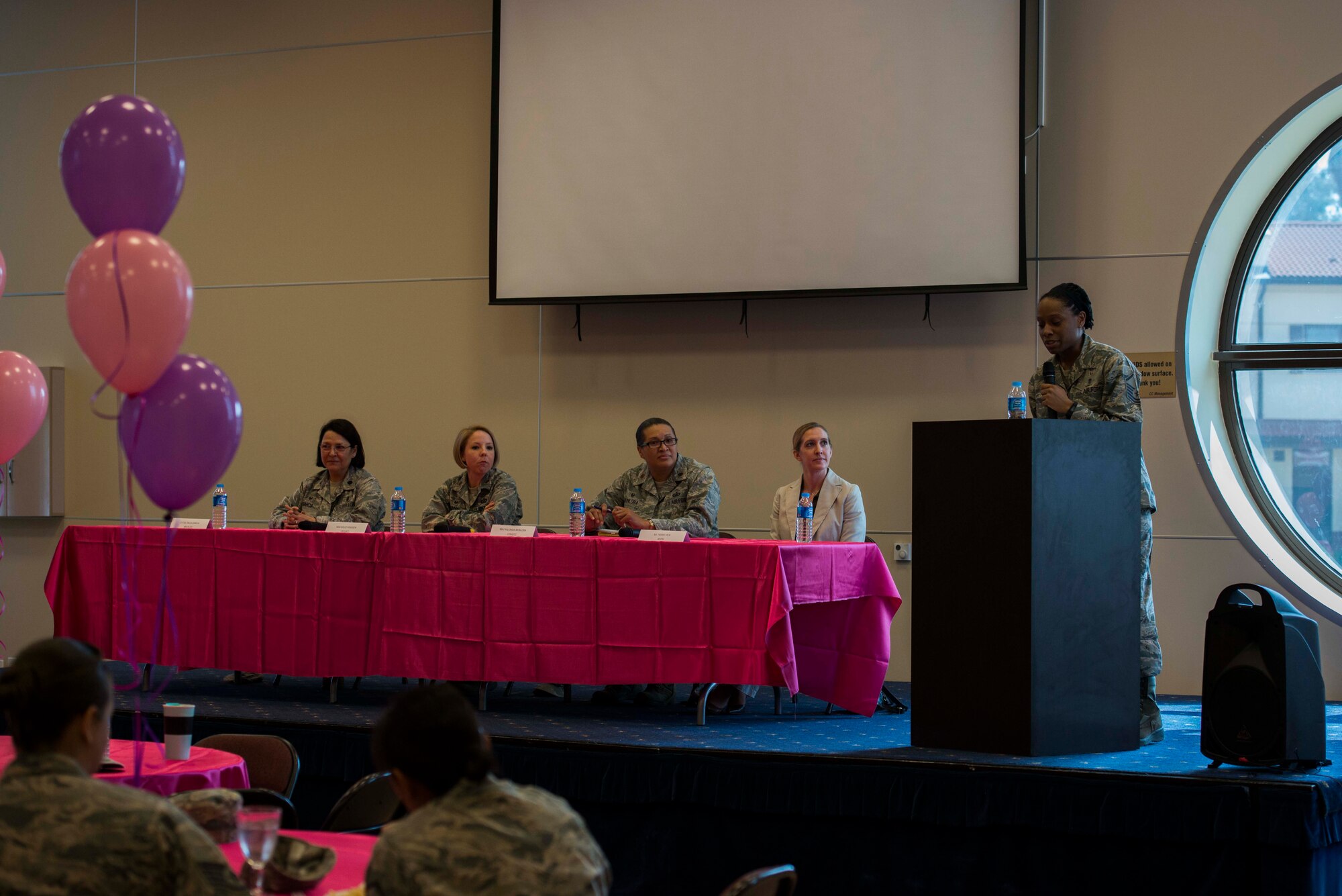 U.S. Air Force Airmen assigned to the 39th Air Base Wing speak at Incirlik’s International Women’s Day lunch and learn event March 8, 2017, at Incirlik Air Base, Turkey. The guests spoke about their leadership experiences in the Air Force. (U.S. Air Force photo by Airman 1st Class Devin M. Rumbaugh)