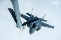 A U.S. Marine Corps F-35B Lightning II from the Marine Fighter Attack Squadron 121, approaches the boom of a KC-135 Stratotanker from the 909th Air Refueling Squadron for an inflight refuel March 14, 2017, over the Pacific Ocean. The F-35B brings strategic agility, operational flexibility, and tactical supremacy to the Pacific with a mission radius greater than that of the F/A-18 Hornet and AV-8B Harrier II in support of the U.S. and Japan alliance. (U.S. Air Force photo by Senior Airman John Linzmeier)