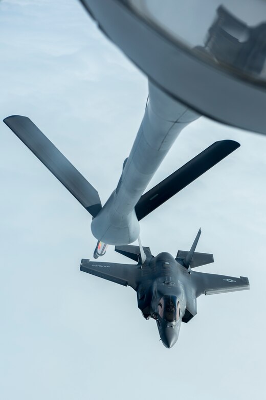 A U.S. Marine Corps F-35B Lightning II from the Marine Fighter Attack Squadron 121, approaches the boom of a KC-135 Stratotanker from the 909th Air Refueling Squadron for an inflight refuel March 14, 2017, over the Pacific Ocean. The 909th ARS is an essential component to the mid-air refueling of a multitude of aircraft ranging from fighter jets to cargo planes from different services and nations in the region. The 909th ARS is stationed at Kadena Air Base, Japan. (U.S. Air Force photo by Senior Airman John Linzmeier)