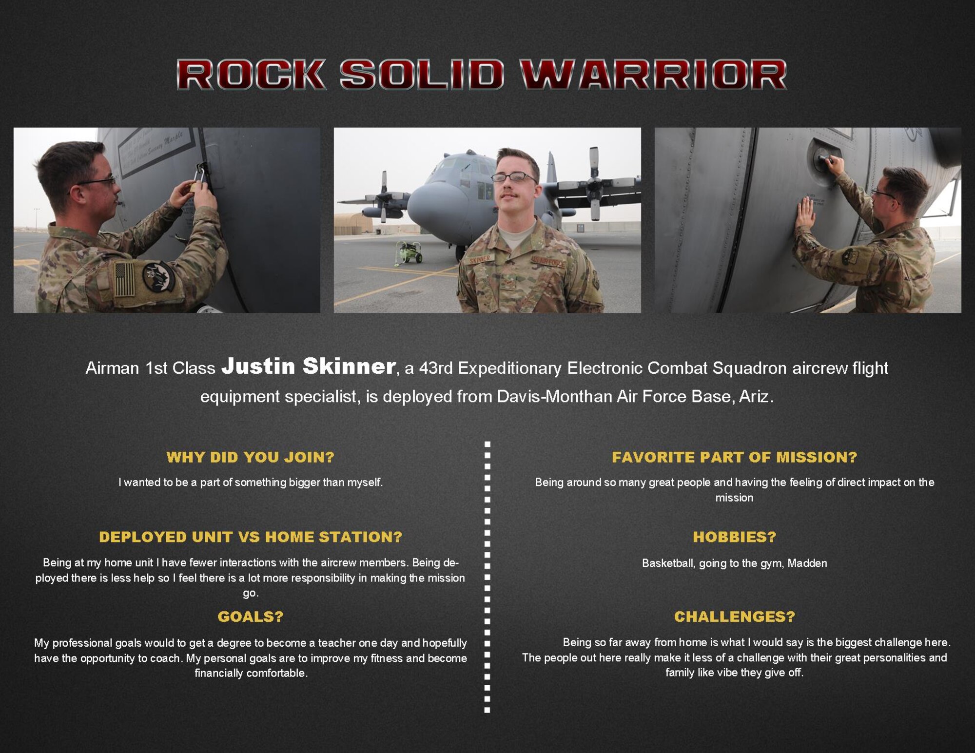 This week's Rock Solid Warrior is Airman 1st Class Justin Skinner, a 43rd Expeditionary Electronic Combat Squadron aircrew flight equipment specialist. Skinner is deployed from Davis-Monthan Air Force Base, Arizona. (U.S. Air Force graphic/Senior Airman Andrew Park)