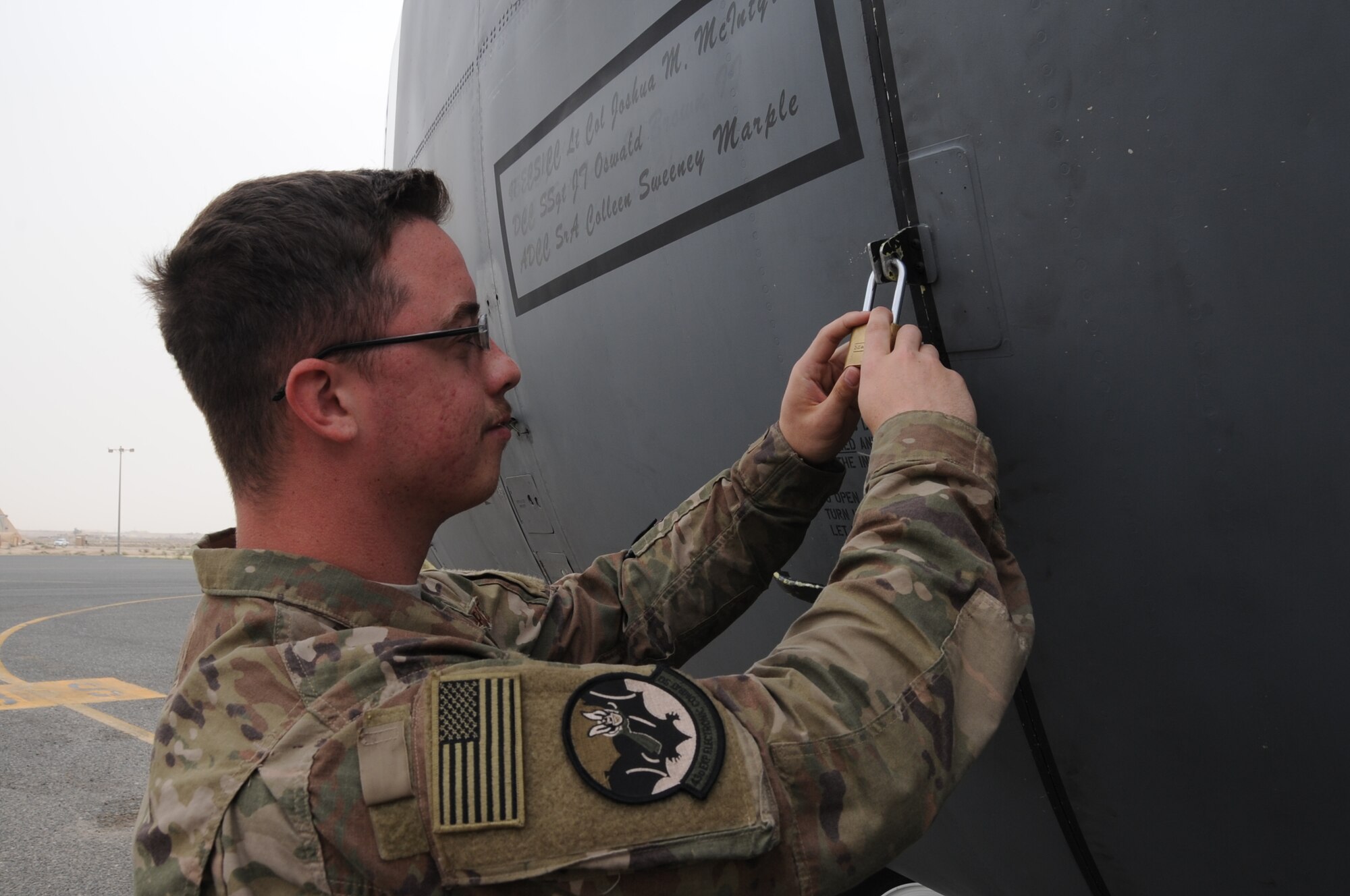 This week's Rock Solid Warrior is Airman 1st Class Justin Skinner, a 43rd Expeditionary Electronic Combat Squadron aircrew flight equipment specialist. Skinner is deployed from Davis-Monthan Air Force Base, Arizona. (U.S. Air Force photo/Tech. Sgt. Kenny McCann)