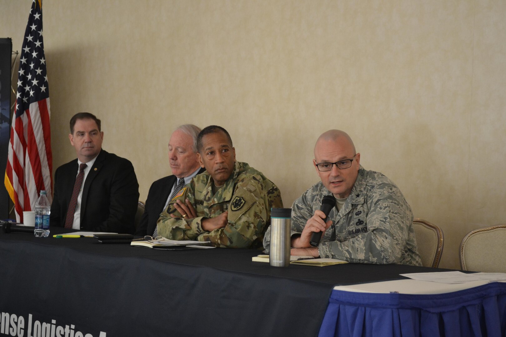 (From left) Mike Cannon, DLA Disposition director; James McClaugherty, DLA Land and Maritime deputy director; Brig. Gen. Charles Hamilton, DLA Troop Support director; and Brig. Gen. Allan Day, DLA Aviation director, answer questions at the Global Customer-Facing Summit.