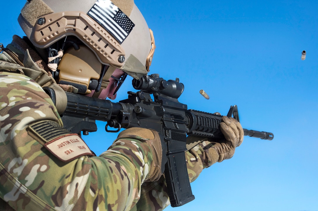 Air Force Senior Airman Justin Ellis fires multiple rounds from an M4 carbine rifle during Arctic live-fire training at Joint Base Elmendorf-Richardson, Alaska, March 7, 2017. Ellis is tactical air control party member assigned to the 3rd Air Support Operations Squadron. Air Force photo by Alejandro Pena