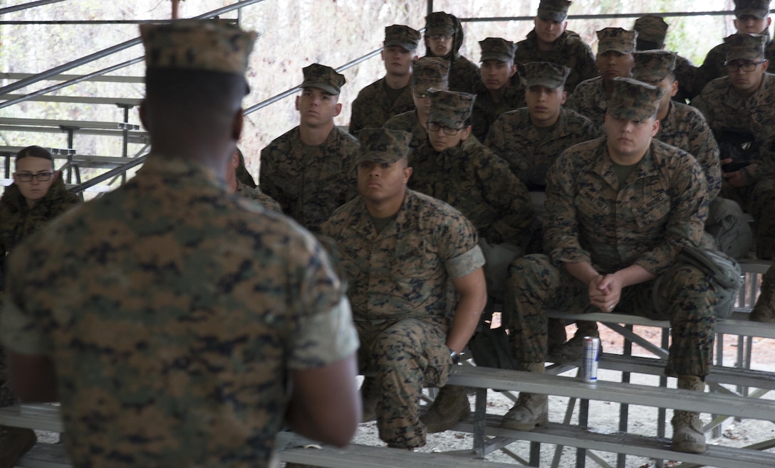 Marines receive instructions before entering the gas chamber at Camp Lejeune, N.C. March 14, 2017. 2nd Supply Battalion conducted gas chamber training to ensure that Marines are capable of defending themselves in case of a chemical, biological, radiological or nuclear attack. (U.S. Marine Corps photo by Lance Cpl. Raul Torres)