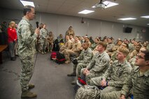 Col. Matthew Brooks, 5th Bomb Wing commander, briefs Airmen before they deploy at Minot Air Force Base, N.D., March 9, 2017. More than 400 Airmen deployed to the Middle East in support of U.S. Central Command’s Operation Inherent Resolve. (U.S. Air Force photo/Senior Airman Christian Sullivan)