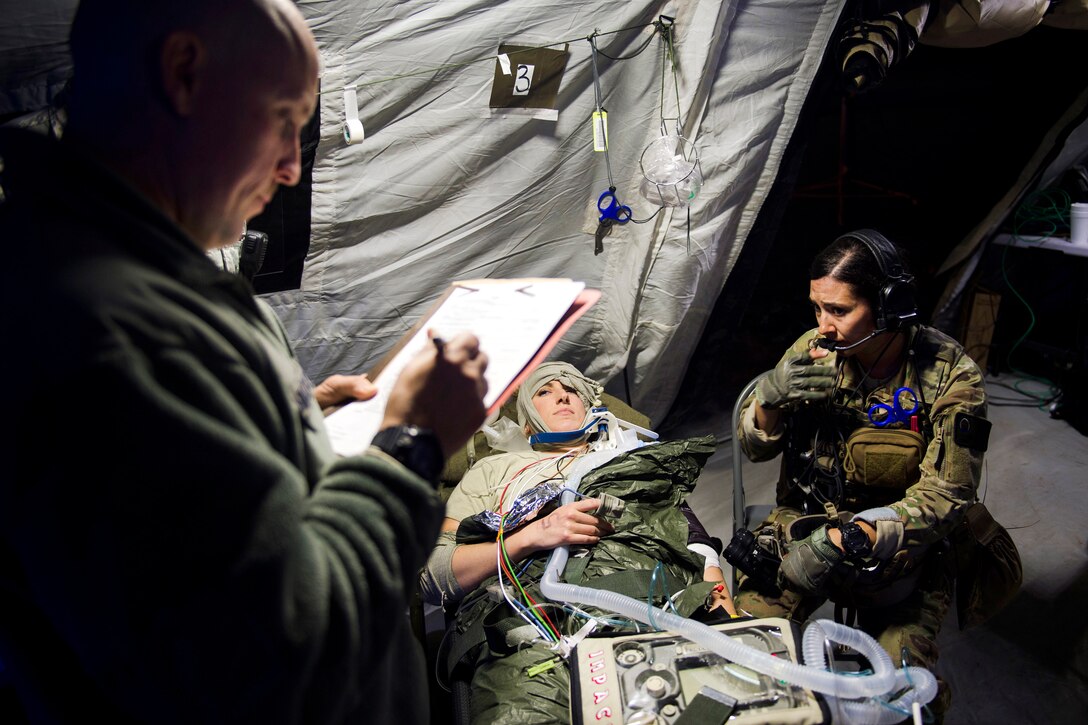 An airman relays medical treatment information during Emerald Warrior 17 at Eglin Range, Fla., March 6, 2017. Air Force photo by Airman 1st Class Nicholas Dutton 