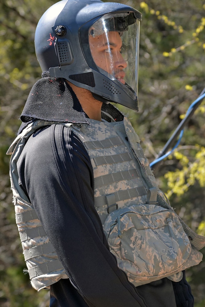 Kyle Anderson of the San Antonio Spurs is fitted out with protective gear during his immersion tour to see what security forces trainees experience during training at Joint Base San Antonio-Camp Bullis March 14. 