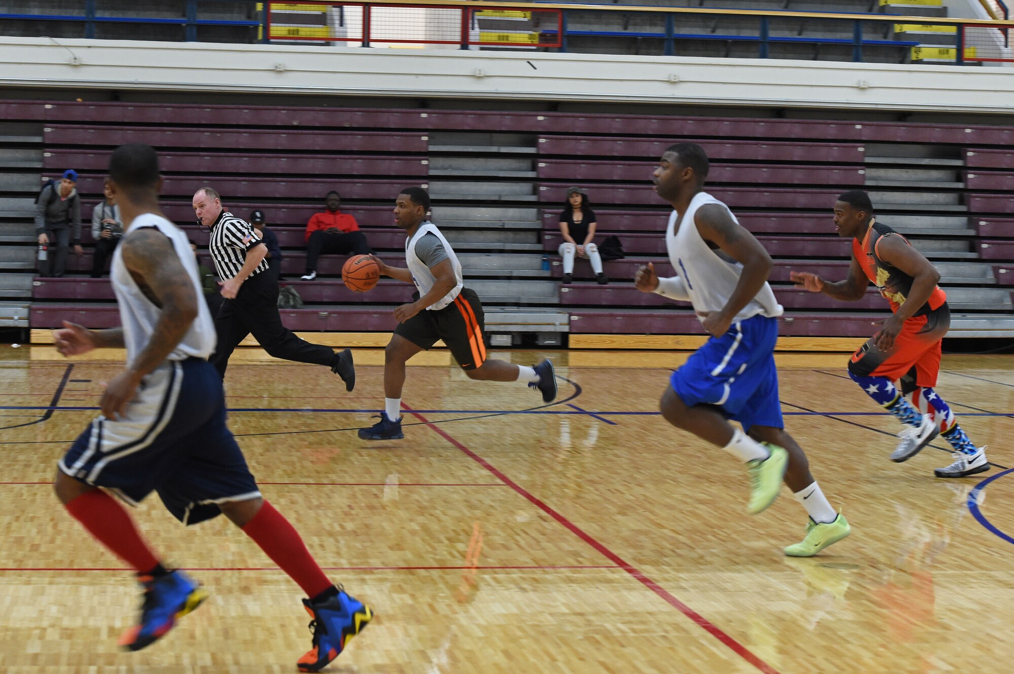 Soldiers compete in the intramural basketball championship at the Joint Base Elmendorf-Richardson Buckner Physical Fitness Center, Alaska, March 11, 2017. Soldiers from Alpha Company, 6th Brigade Engineer Battalion, 4th Infantry Brigade Combat Team (Airborne), 25th Infantry Division, took first place against Soldiers from the 2nd Battalion, 377th Parachute Field Artillery Regiment, 4/25th IBCT (A). 