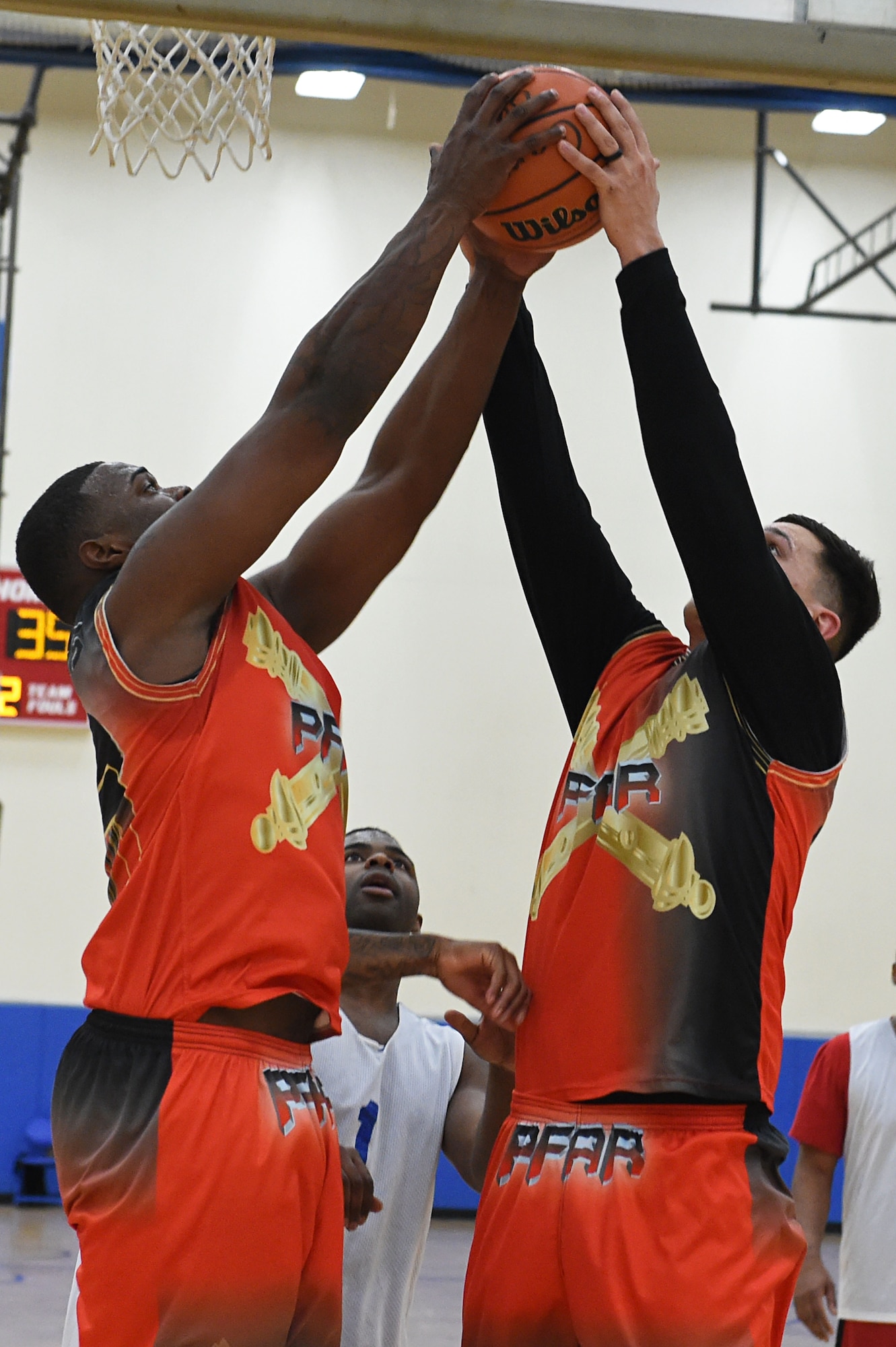 Soldiers compete in the intramural basketball championship at the Joint Base Elmendorf-Richardson Buckner Physical Fitness Center, Alaska, March 11, 2017. Soldiers from Alpha Company, 6th Brigade Engineer Battalion, 4th Infantry Brigade Combat Team (Airborne), 25th Infantry Division, took first place against Soldiers from the 2nd Battalion, 377th Parachute Field Artillery Regiment, 4/25th IBCT (A). 