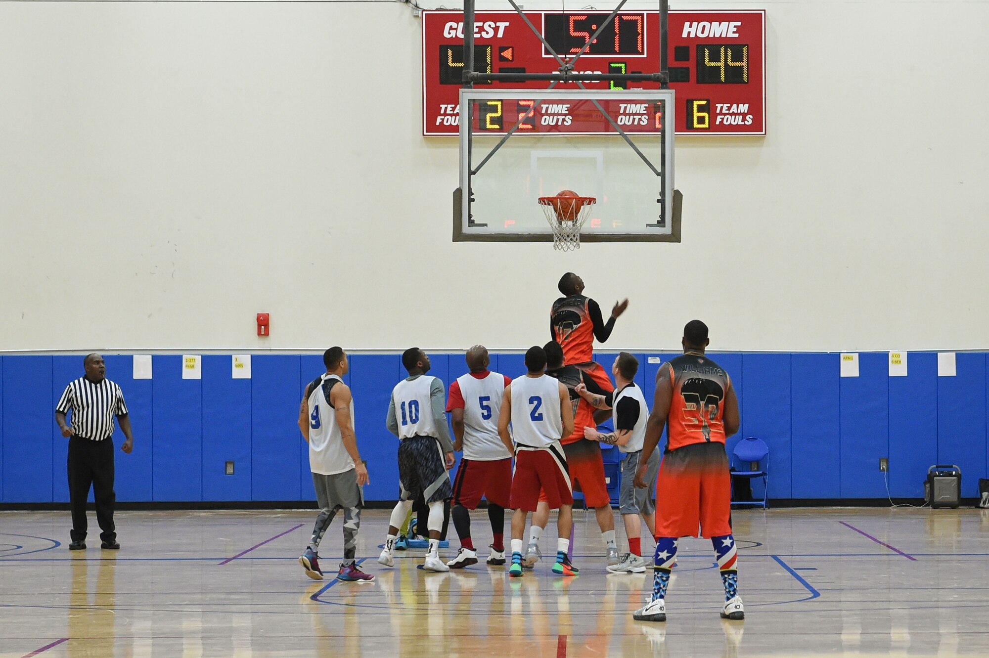 Soldiers compete in the intramural basketball championship at the Joint Base Elmendorf-Richardson Buckner Physical Fitness Center, Alaska, March 11, 2017. Soldiers from Alpha Company, 6th Brigade Engineer Battalion, 4th Infantry Brigade Combat Team (Airborne), 25th Infantry Division, took first place against Soldiers from the 2nd Battalion, 377th Parachute Field Artillery Regiment, 4/25th IBCT (A). 