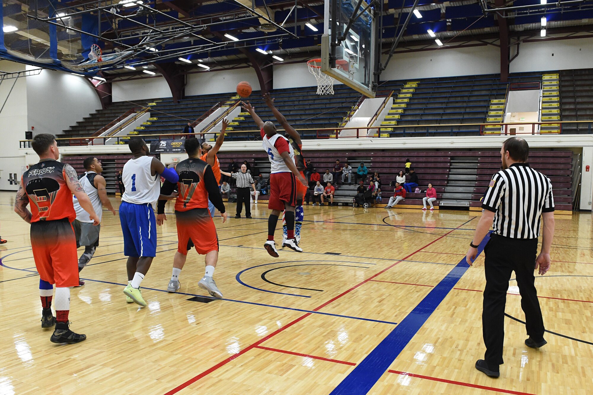 Soldiers compete in the intramural basketball championship at the Joint Base Elmendorf-Richardson Buckner Physical Fitness Center, Alaska, March 11, 2017. Soldiers from Alpha Company, 6th Brigade Engineer Battalion, 4th Infantry Brigade Combat Team (Airborne), 25th Infantry Division, took first place against Soldiers from the 2nd Battalion, 377th Parachute Field Artillery Regiment, 4/25th IBCT (A). 