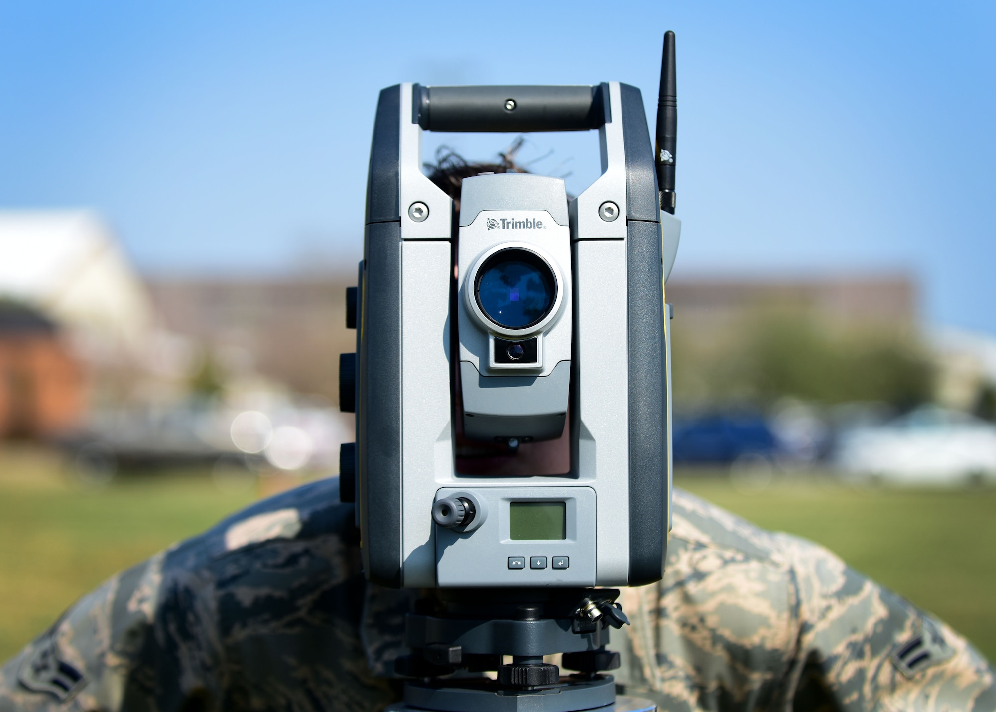 U.S. Air Force Airman 1st Class Ryan Mundt, 633rd Civil Engineer Squadron engineering technician, prepares for an optical site survey, at Joint Base Langley-Eustis, Va., March 9, 2017. Mundt is a member of the mapping section, which keeps track of the location of a variety of items on base, including hunting stands, electrical and telephone lines, abandoned lines, water, sewage and stop signs on JBLE. (U.S. Air Force photo/Senior Airman Areca T. Bell)