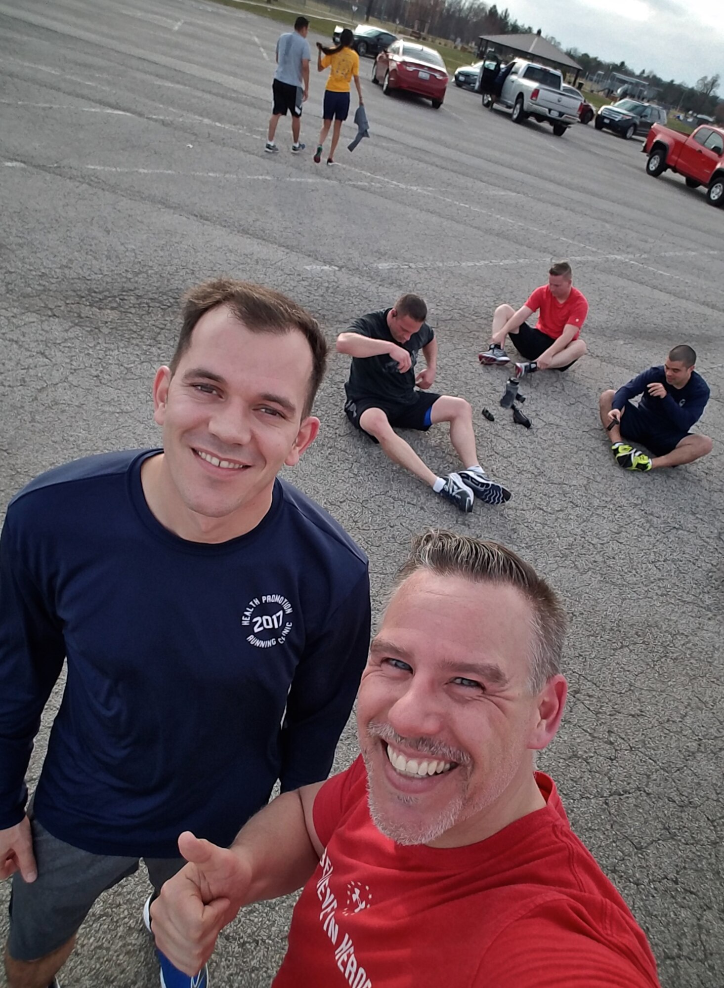 Group 1 leader, Master Sgt. Donald McLeod, Communications Plans Branch, 618th Air Operations Center takes a moment for a selfie with Christopher Parr, 932nd Airlift Wing Public Affairs specialist after completing a 38 minute run for the Scott Health Promotion Running Clinic, Feb. 23, 2017, Scott Air Force Base, Illinois. You can follow along with Parr's adventures in running by checking out his weekly blog in the commentaries section.  (U.S. Air Force photo by Christopher Parr)