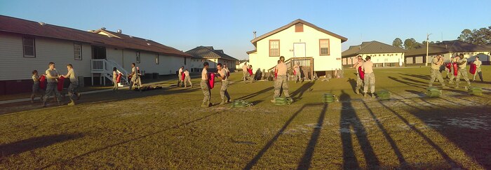 Joint Base Charleston Airmen practice hand-to-hand combat skills at McCrady Army National Guard Training Center, Eastover, South Carolina March 8, 2017. Thirty Airmen from Joint Base Charleston attended the weeklong war skills training that taught land navigation, combat casualty care, improvised explosive device identification procedures, hand-to-hand combat skills and team building exercises.