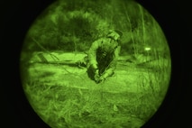 Staff Sgt. Joshua Zifzal, an explosive ordnance disposal craftsman with the 1st Special Operations Civil Engineer Squadron, sweeps a roadway for threats during explosive ordnance training at the Eglin Range, Fla., March 9, 2017. During the training, EOD Airmen cleared more than a mile of roadways and disabled several simulated caches of explosive ordnances. (U.S. Air Force photo by Airman 1st Class Joseph Pick)