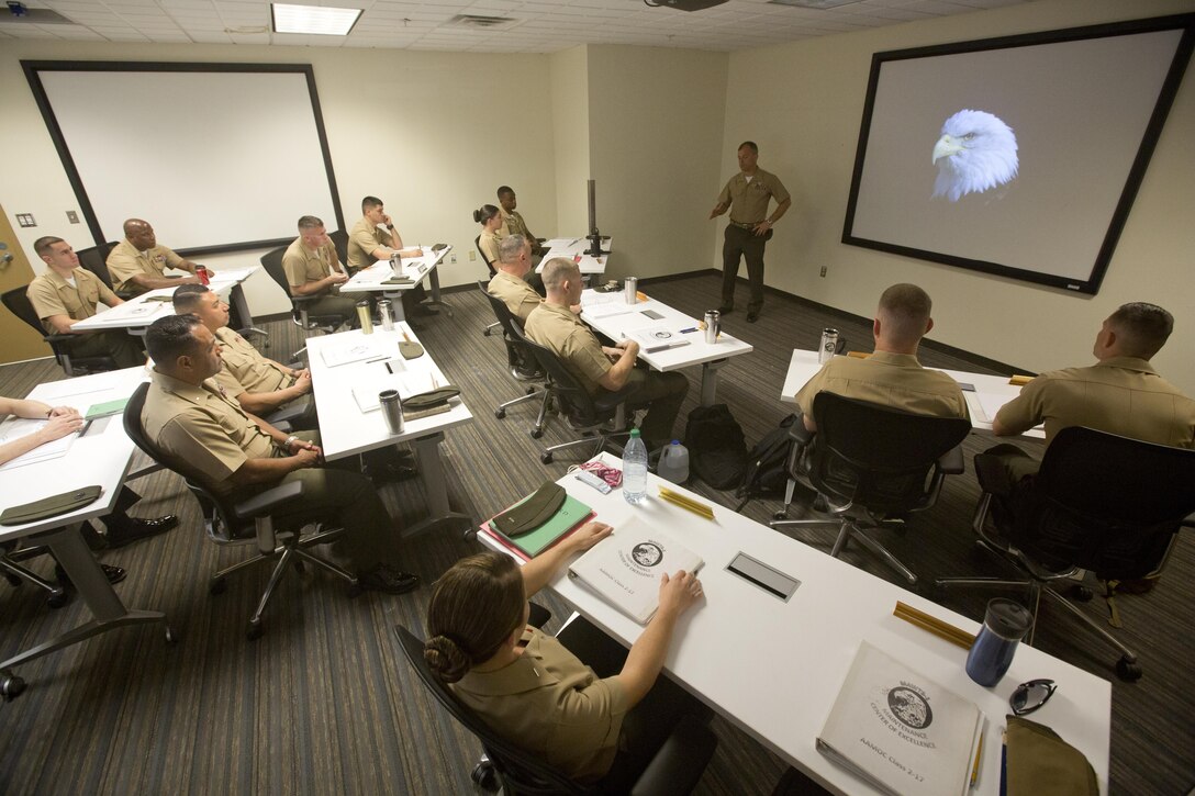Col. James B. Wellons, commanding officer of Marine Aviation Weapons and Tactics Squadron (MAWTS) One, welcomes students attending the first Advanced Aircraft Maintenance Officer Course (AAMOC) at Marine Corps Air Station Yuma, Ariz., March 13, 2017. AAMOC will empower Aircraft Maintenance Officers with leadership tools, greater technical knowledge and standardized practices through rigorous academics and hands on training in order to decrease ground related mishaps and increase sortie generation. (U.S. Marine Corps photo taken by Cpl. AaronJames B. Vinculado/Released)