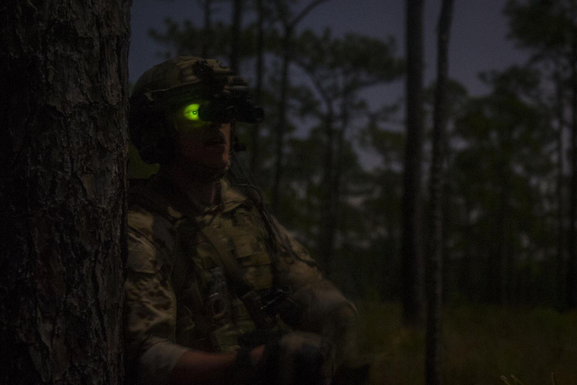 Airman 1st Class Ashton Flynt, an explosive ordnance disposal journeyman with the 1st Special Operations Civil Engineer Squadron, searches for an explosive ordnance cache during training at the Eglin Range, Fla., March 9, 2017. EOD specialists are trained to detect, disarm, detonate and dispose of explosive threats. (U.S. Air Force photo by Airman 1st Class Joseph Pick)