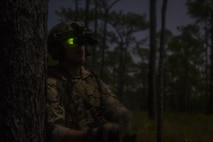 Airman 1st Class Ashton Flynt, an explosive ordnance disposal journeyman with the 1st Special Operations Civil Engineer Squadron, searches for an explosive ordnance cache during training at the Eglin Range, Fla., March 9, 2017. EOD specialists are trained to detect, disarm, detonate and dispose of explosive threats. (U.S. Air Force photo by Airman 1st Class Joseph Pick)