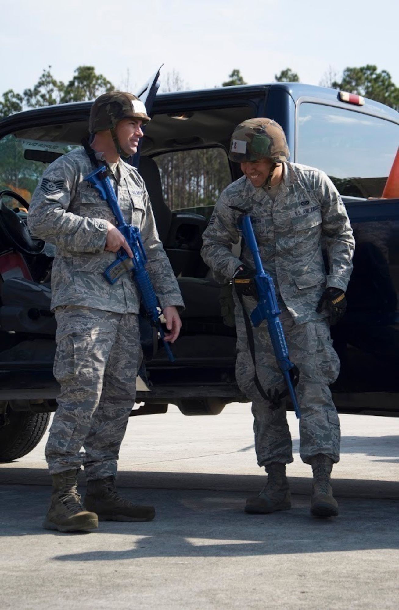 U.S. Air Force Tech. Sgt. Jesse M. Marquez and Staff Sgt. Jason J. Merseburgh, 624th Civil Engineer electricians, with more than eight years of engineer experience socialize before participating in the Silver Flag training exercise at Tyndall Air Force Base, Florida, March 2, 2017. The 624th CES based out of Joint Base Pearl Harbor-Hickam, Hawaii, supports the 624th Regional Support Group's mission to deliver mission essential capability through combat readiness, quality management and peacetime deployments to any area of responsibility. (U.S. Air Force photo by Master Sgt. Raquel Griffin)
