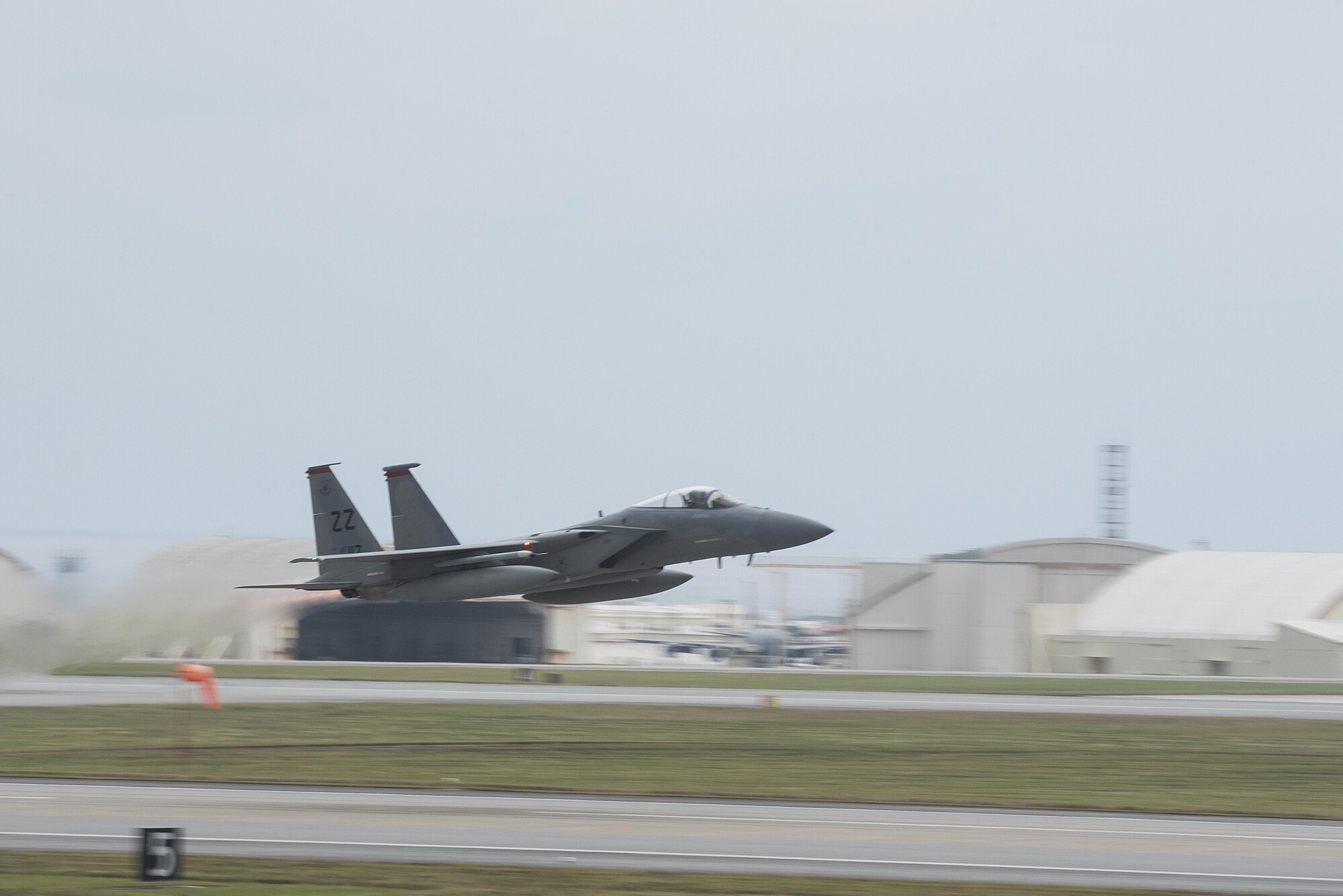A U.S. Air Force F-15 Eagle from the 67th Fighter Squadron takes off March 16, 2017, at Kadena Air Base, Japan. The F-15 has electronic systems and weaponry to detect, acquire, track and attack enemy aircraft while operating in friendly or enemy-controlled airspace. (U.S. Air Force photo by Airman 1st Class Corey Pettis/Released)   