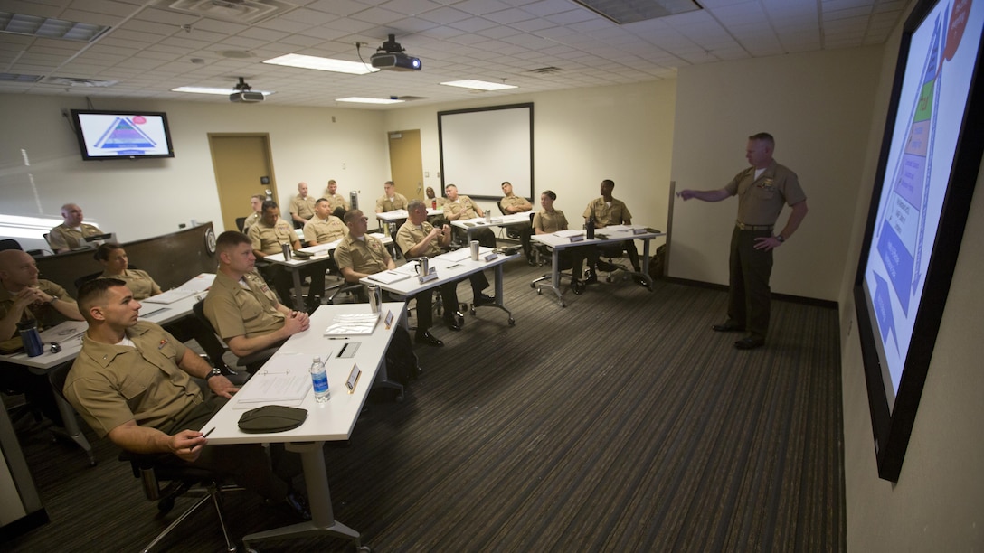 U.S. Marine Capt. Scott L. Campbell, maintenance officer with Marine Aviation Weapons and Tactics Squadron One welcomes students attending the first ever Advanced Aircraft Maintenance Officer Course at Marine Corps Air Station Yuma, Ariz., on Mar. 13, 2017. AAMOC will empower Aircraft Maintenance Officers with leadership tools, greater technical knowledge, and standardized practices through rigorous academics and hands on training in order to decrease ground related mishaps and increase sortie generation.