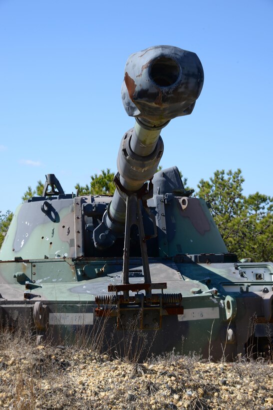 A demilitarized 155mm M109 self-propelled howitzer serves as a target at the 177th Fighter Wing Det. 1 - Warren Grove Bombing Range in Ocean County, N.J. on Mar. 2, 2017. The realistic target was acquired from the Defense Logistics Agency Reutilization Transfer Donation program. (U.S. Air National Guard photo by Master Sgt. Andrew J. Moseley/Released)