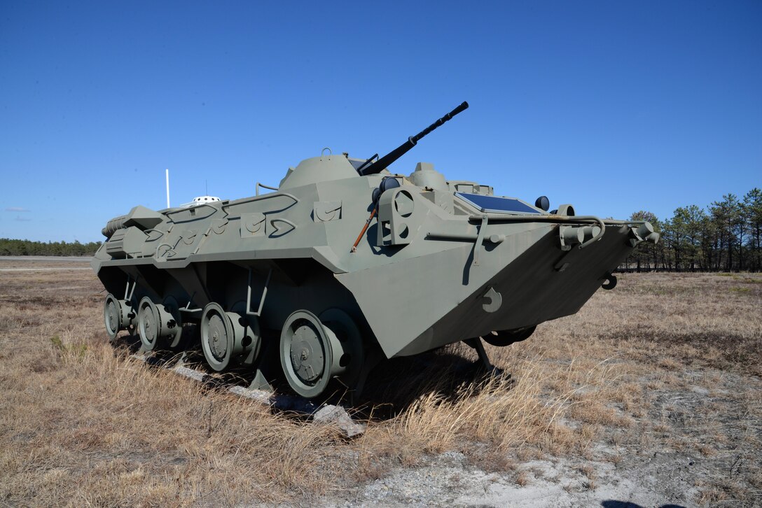 A BTR-90 personnel carrier, "no drop" surrogate target, acquired with National Guard and Reserve Equipment Appropriations funding sits at the 177th Fighter Wing Det. 1 - Warren Grove Bombing Range in Ocean County, N.J. on Mar. 2, 2017. (U.S. Air National Guard photo by Master Sgt. Andrew J. Moseley/Released)