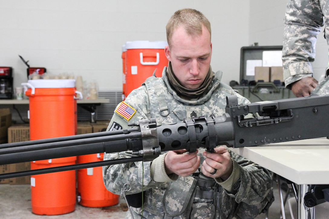 FORT MCCOY, Wis. - U.S. Amy Reserve Sgt. Michael Kauffman, 327th Engineer Company, 416th Theater Engineer Command, attaches a blank adapter to an M2 machine gun prior to blank fire during Operation Cold Steel at McCoy, Wis., March 14, 2017. Kauffman and his team will complete mounted gunnery training with a dump truck. Operation Cold Steel is the U.S. Army Reserve's crew-served weapons qualification and validation exercise to ensure that America's Army Reserve units and soldiers are trained and ready to deploy on short-notice and bring combat-ready and lethal firepower in support of the Army and our joint partners anywhere in the world. (U.S. Army Reserve photo by Staff Sgt. Debralee Best, 84th Training Command)