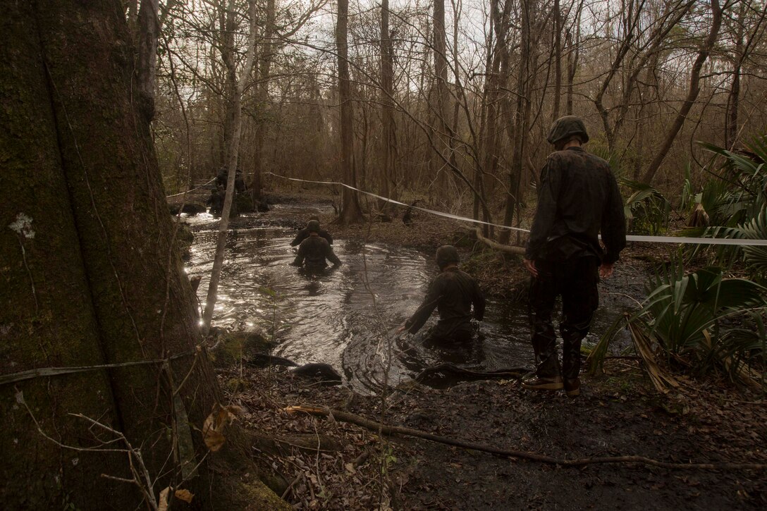 Marines tread through waist-high water during an endurance course at the Battle Skills Training School on Camp Lejeune, N.C., March. 10, 2017. The course is designed to improve and test Marines on their ability to work together through the challenging obstacles.  The Marines are with 8th Engineer Support Battalion. (U.S. Marine Corps photo by Pfc. Abrey Liggins)