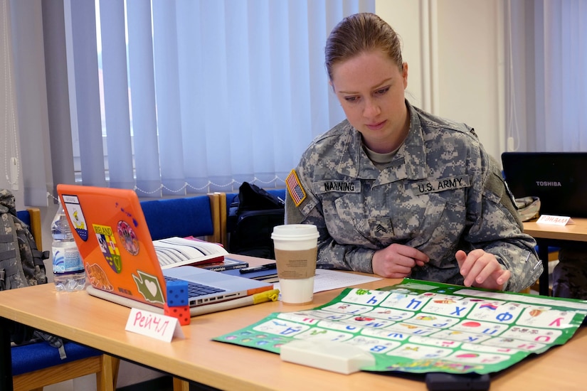 KAISERSLAUTERN, Germany-Sgt. Rachel Nanning, 457th Civil Affairs Battalion, practices Russian with the help of a game that plays recordings of words during a four-day class to learn Russian Wednesday, March 15, 2017 
(Photo by Lt. Col. Jefferson Wolfe, 7th Mission Support Command Public Affairs Office)