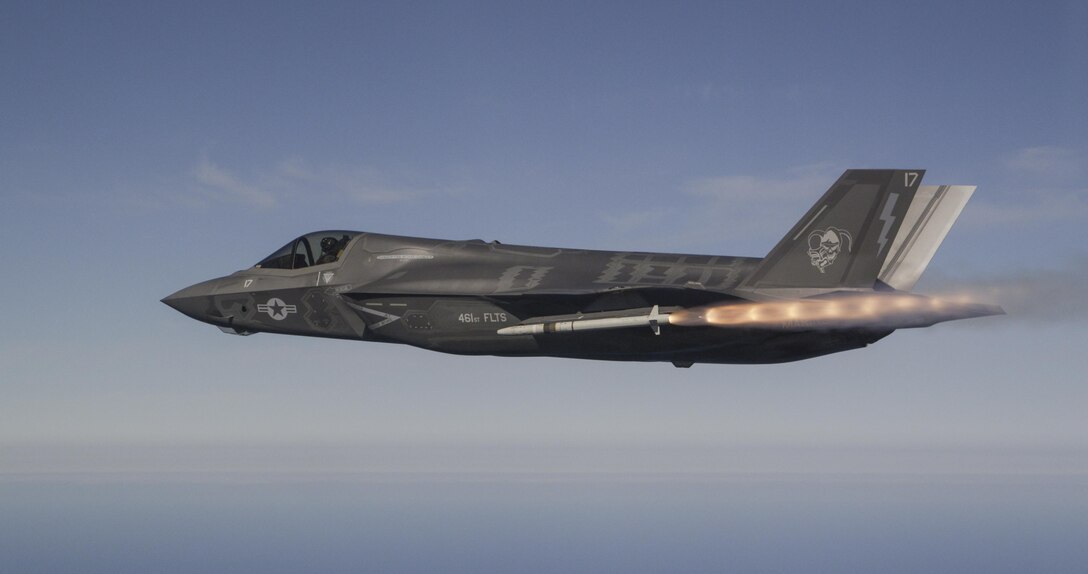 An F-35B Lightning II from the 461st Flight Test Squadron fires a United Kingdom-built AIM-132 ASRAAM (advanced short range air-to-air missile) over the Point Mugu Sea Test Range in California Feb. 24. (Photo by Chad Bellay/Lockheed Martin)