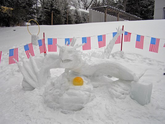 The U.S. Army Engineer Research and Development Center’s Cold Regions Research and Engineering Laboratory once again anchored Hanover’s annual Occom Pond Party snow sculpture contest. Leading the CRREL crew (14+ family members) was Associate Technical Director Randy Hill, who created a Hungarian Horntail Dragon. Besides CRREL’s sculpture, there were two other snow sculptures and all three were declared winners. The Occom Pond Party is a family-oriented event during the Dartmouth College Winter Carnival.