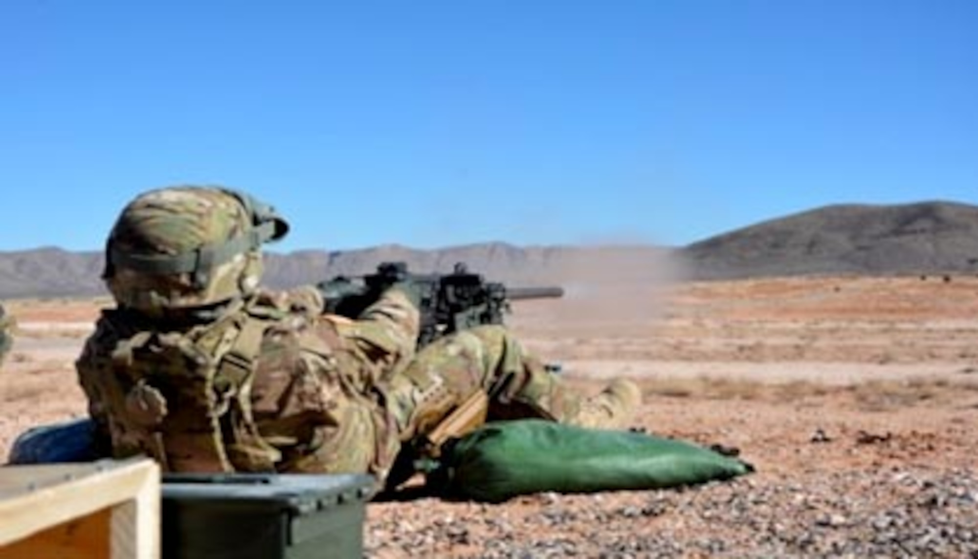 Airmen attending the 602nd Training Group (Provisional)’s Combat Skills Training learn to fire and qualify on the M2 .50 Caliber Machine gun at Fort Bliss, Texas. During the course Airmen receive the knowledge, skills and abilities to survive while deployed in a hostile environment while serving a joint mission. Training Jan. 23, 2017, at Fort Bliss takes place in the classroom and in the field.  (U.S. Air Force photo by Staff Sgt. Joseph Hartsfield)  
