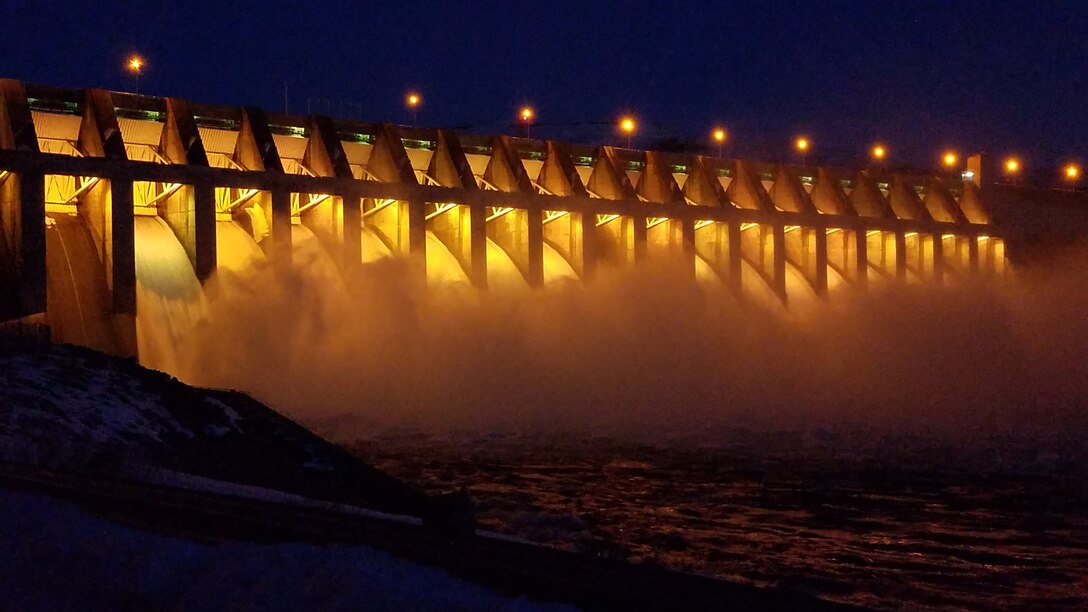 Water flows through the spillways at Chief Joseph Dam, Feb. 20, 2017.  The outflow that evening was 480 kfcs. Chief Joseph Dam is the second largest hydropower producing dam in the United States. It is the largest hydropower producing dam operated by the US Army Corps of Engineers. (Photo by Capt. Chandler Alford)