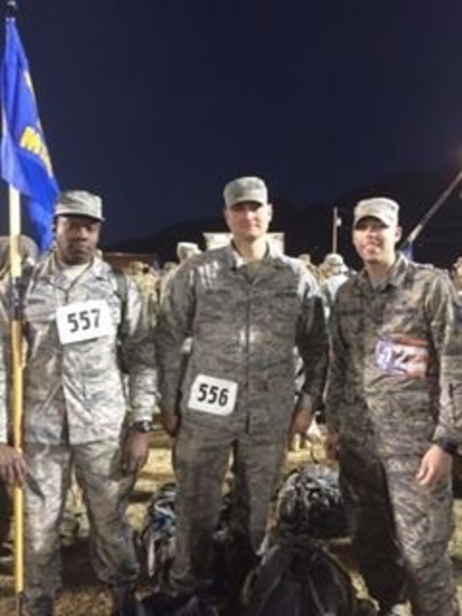 Tech. Sgt Sean Devereaux, right, 22nd Medical Operations Squadron, physical therapy NCO in-charge, poses for a picture after completing the Bataan Death March March 4, 2016.  Each year, men and women pay their respects to those who lost their lives during the tragic march in the Philippines during WWII.  (Courtesy Photo)

