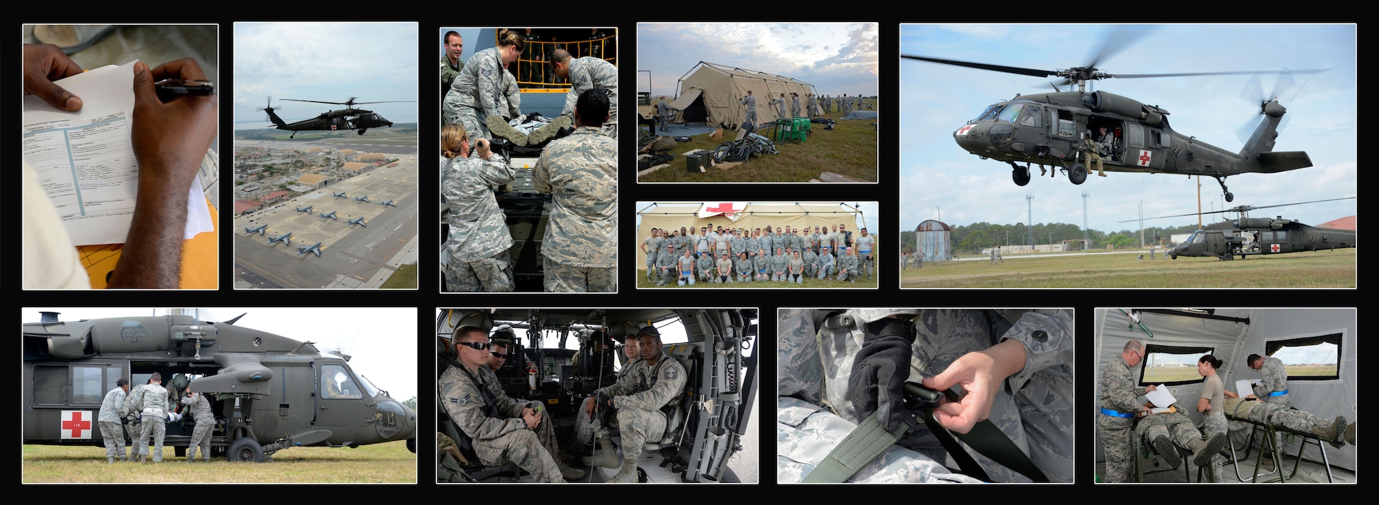 Airmen from the 6th Medical Group participated in a two-day air medical evacuation exercise at MacDill Air Force Base, Fla., March 12, 2017. The exercise compiled knowledge and hands-on training of site acquirement, set up, patient movement, patient care, and patient staging. Participants learned to effectively utilize manpower, care space and communication to provide effective and efficient patient care and transport.  (U.S. Air Force photo layout by Senior Airman Tori Schultz)